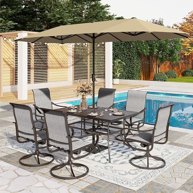PHI VILLA 8 Piece Patio Dining Set with 13ft Patio Umbrella (Beige), 6 Outdoor Swivel Dining Chairs & 1 Large Metal Dining Table with 1.57" Umbrella Hole, for Deck Lawn Garden