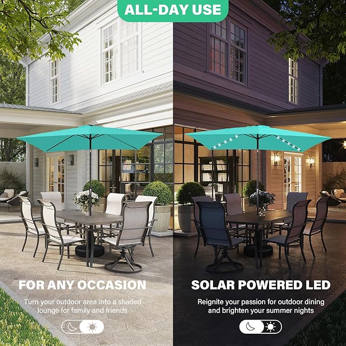 JEAREY 6.5x10 ft Rectangular LED Lighted Patio Umbrellas Outdoor Solar Table Market Umbrella w/Push Button Tilt/Crank, 6 Sturdy Ribs, UV Protection Waterproof Sunproof(Teal)