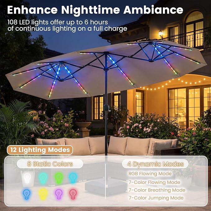 Tangkula 13 Ft Solar Patio Umbrella, Double-Sided Extra Large Outdoor Market Table Umbrella with Multi-Colored Flowing LED Lights, Crank Handle, 12 Sturdy Ribs for Poolside, Garden & Backyard (Tan)