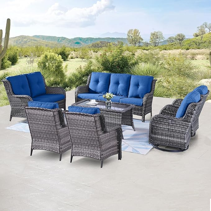 Belord Outdoor Furniture Wicker Conversation Sets - 7 Piece Patio Rattan Furniture Sets with Swivel Rocker Chairs Outdoor Sofa for Porch Deck Backyard Mixed Grey/Blue