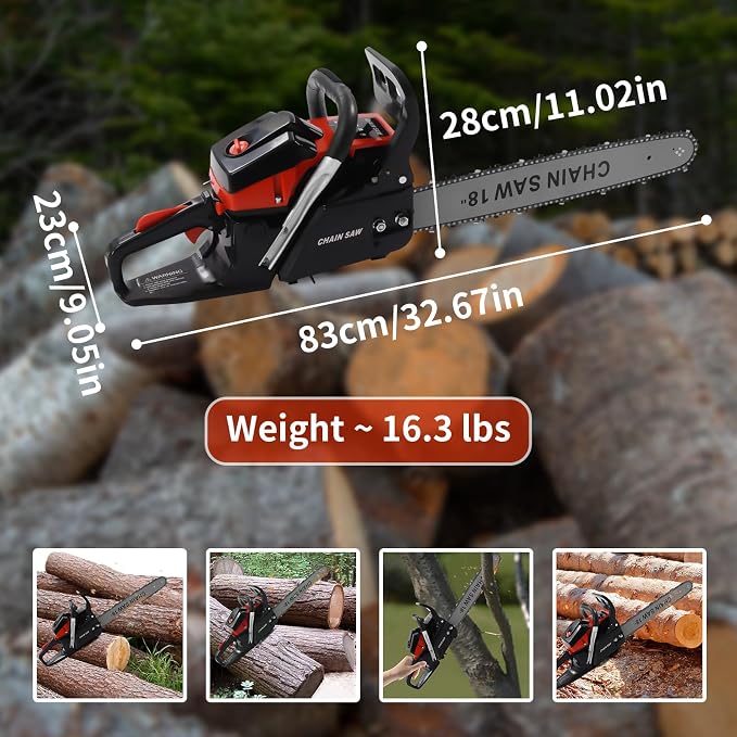 18 inch Gas Powered Chainsaw, 58CC Gasoline Chain Saw, 2-Cycle Gas Powered Chain Saws, Handheld Chainsaws for Trees, Wood Farm, Home Garden Cutting