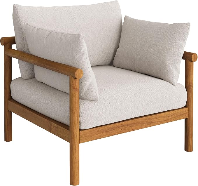 Modway Eleni 5-Piece Outdoor Teak Wood Patio Furniture Set in Natural Sail – Backyard Conversation Set with Loveseat, 2 Armchairs, Side Table, and Coffee Table