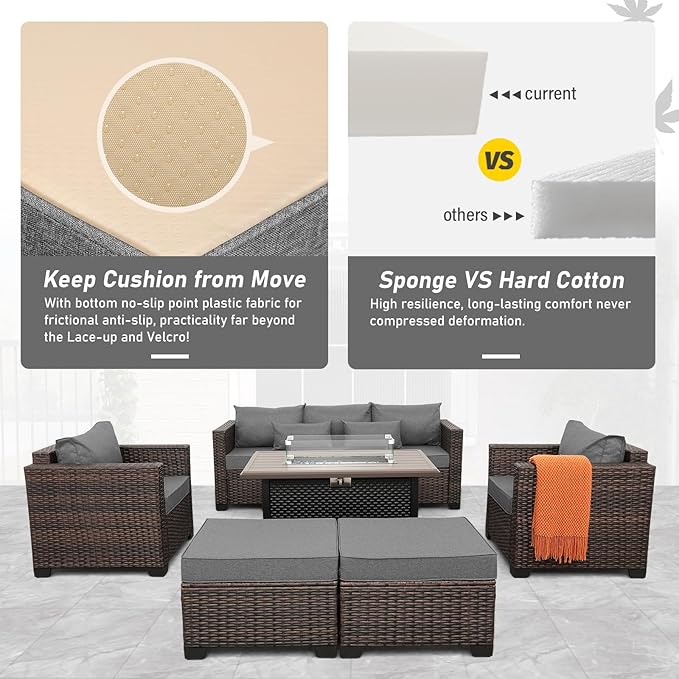 6 Pieces Outdoor Furniture 60000BTU Outdoor Propane Fire Pit Wicker Patio Furniture Set 45" Steel Fire Table Anti-Slip Cushions Waterproof Covers, Dark Grey
