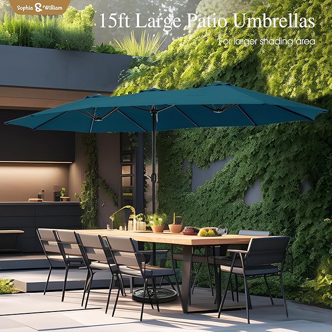 Sophia & William 15 ft Extra Large Patio Umbrella with Base Included, Rectangular Outdoor Umbrella Heavy Duty, Market Umbrella Double-sided Fade Resistant for Pool Garden Backyard, Cyan-blue