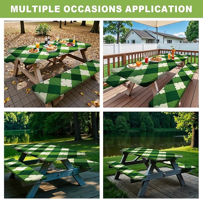 ANNA QUEEN St. Patrick’s Day 6FT Picnic Table Cover with Bench Covers Set of 3 with Drawstring Bag, Green Plaid Clover 72"x30" Waterproof Picnic Tablecloth & Bench Covers