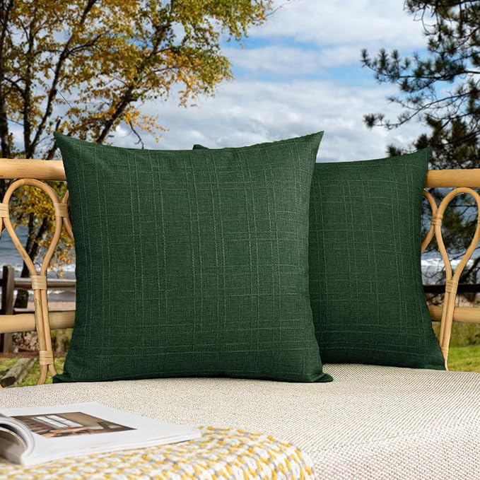 Kevin Textile Outdoor Waterproof 18”x18” Pillow Covers 2 Pack, Army Green | Water Resistant, Soft Faux Linen-cotton Yarn-dyed Woven Texture Throw Pillow Covers for Tent Patio Garden Couch Sofa