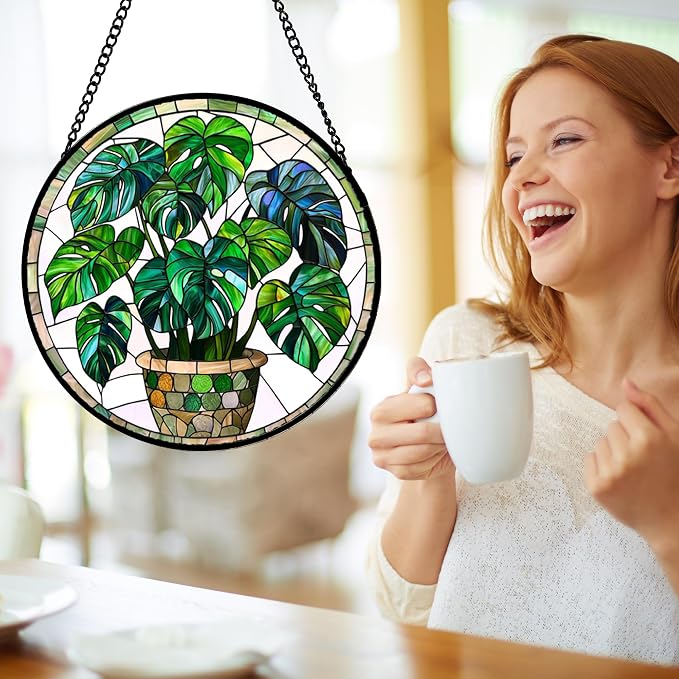 DASTOLL Stained Glass Window Hanging, Green Plant Monstera t Suncatcher Diamond Colorful Glass Panel Sun Catchers Decor for Birthday for Women, Men, Wife, Aunt, and Mom 14.9x14.9 in