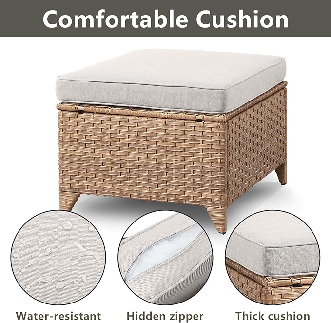 Rilyson Outdoor Ottoman Wicker Patio Ottomans - 2 Piece Footrest Footstools Set Rattan Outdoor Ottomans for Patio with Thick Cushions(Yellow/Beige)
