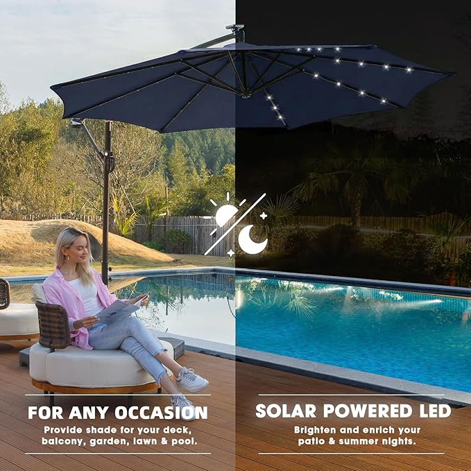 wikiwiki 10ft Solar Offset Patio Umbrella, Outdoor Cantilever Patio Umbrellas with Solar LED Lights for Backyard, Poolside and Garden, Easy Tilt Adjustment, 32 LED Lights & Polyester Shade, Navy Blue