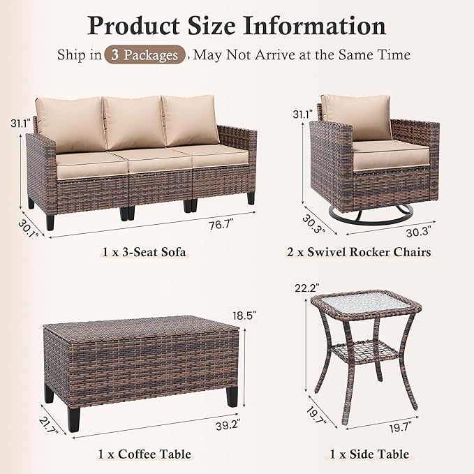 Amopatio Patio Furniture Set, 5-Piece Wicker Outdoor Sectional Sofa with Swivel Rocker Chairs, Rattan Conversation Set with Storage Coffee Table and Waterproof Cover for Backyard Brown/Khak