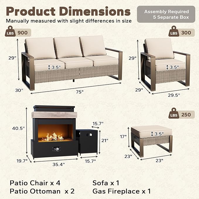 8 Pieces Metal Wicker Patio Furniture Set - 75" Sofa, Four Armchairs and Two Ottomans, One Fireplace All Weather Rattan Outdoor Conversation Furniture with Washable Cushion for Deck Porch, Beige