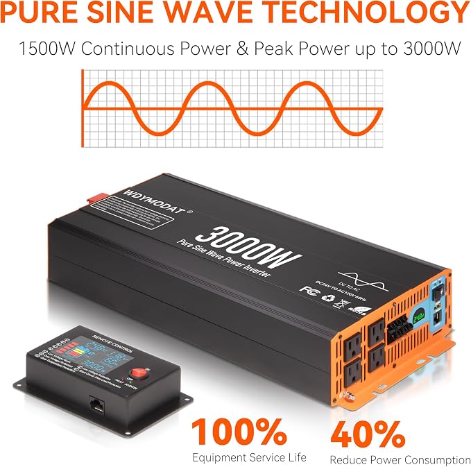 3000W Pure Sine Wave Inverter,24V DC to 120V AC Car Power Inverter 6000W Peak with 4 AC Outlets, 3.0A USB and Type-C, LCD Display 16.5 ft Remote Control for RV Truck Travel Solar Emergency