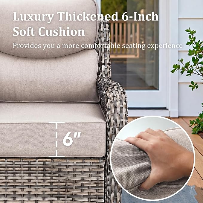 Luxury Outdoor Swivel Rocker Patio Chairs Set of 3, High Back Swivel Patio Chairs with Side Table & 6-Inch Thick Cushions, Wicker Outdoor Bistro Set for Porch, Yard, Deck, Poolside, Grey/Beige