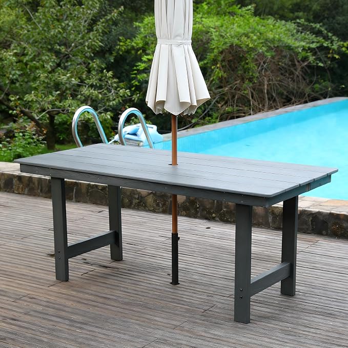 7-Pcs Outdoor Patio Dining Table Set of 6, Outdoor Patio Rectangular 66.9'' Dining Table and Armchair for Garden Backyards Pool Side, Waterproof HDPE Material & 1.95'' Umbrella Hole, Gray