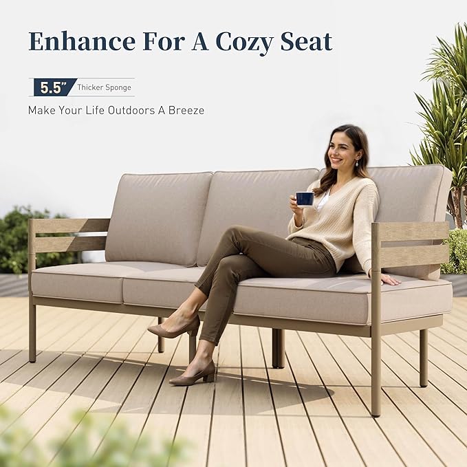 Metal Frame Outdoor Patio Sofa with Cushion, Wood-Like Patio Couch for Deck Balcony Front Porch