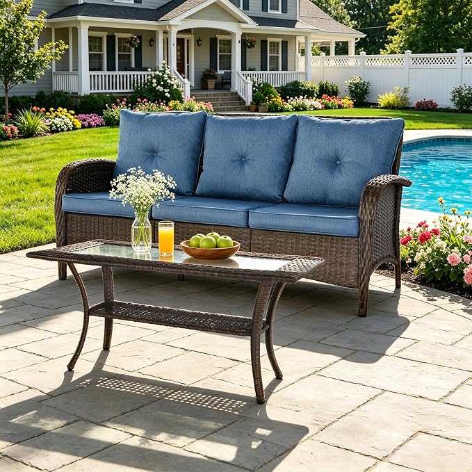 YLGJ&TIDY Outdoor Furniture 2PCS Set All-Weather Brown Wicker Patio Conversation Set 3 Seater Rattan Sofa Glass Coffee Table for Garden Backyard Porch Balcony w/Thick Cushions (Blue,2PCS Sofa/Table)
