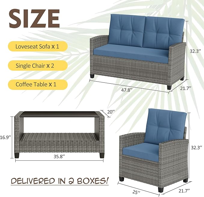 Shintenchi 4 Piece Patio Furniture Set, Outdoor Rattan Conversation Set with Coffee Table, Outside Wicker Sectional Sofa Couch with Cushion, Gray and Blue
