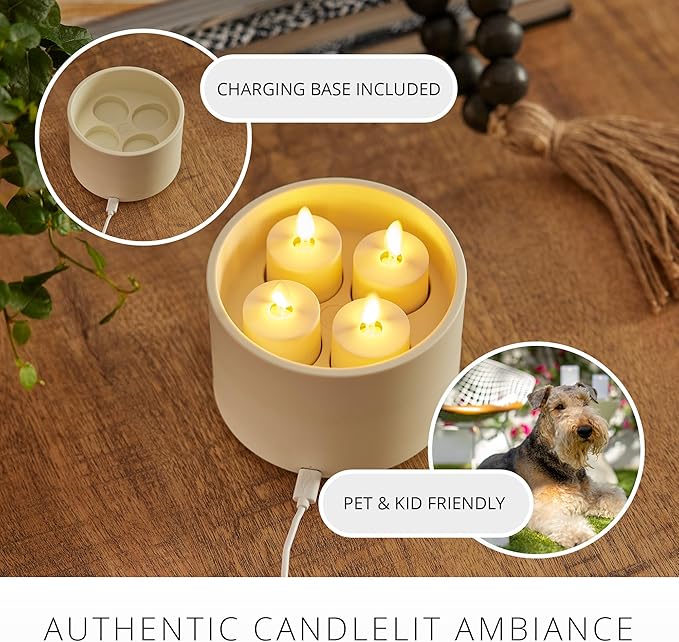 Luminara Flameless Tealights Rechargeable LED Set of 4 1.5" x 2.1", Battery Operated Moving Flame w/USB Charging Base, Indoor Safe Decorative Lights
