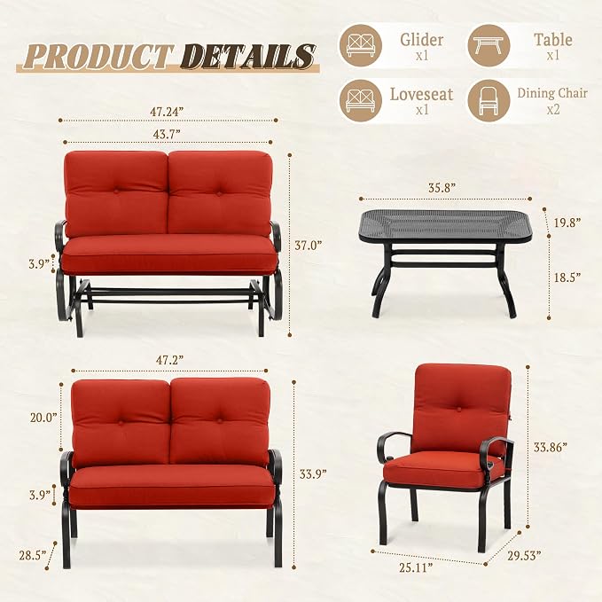 5 Pcs (6 Seats) Metal Outdoor Patio Furniture Conversation Sets, Glider, Loveseat and Coffee Table, 2 Lounge Chairs with Cushions (Red)