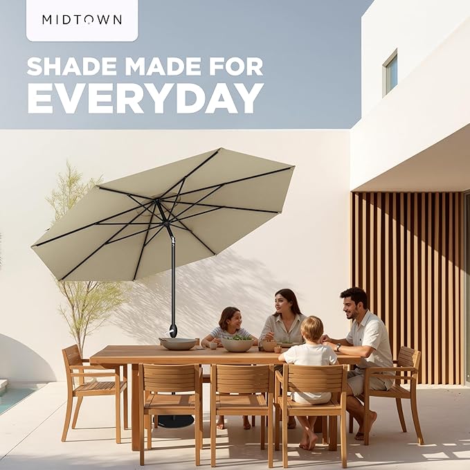 Midtown Umbrellas - 10-Year-No-Fade 8 Ft Patio Umbrella with Terylast Fabric, Auto-Tilt Aluminum Frame and 8 Reinforced Ribs for Deck, Pool, Garden & Beach - Chestnut Beige Canopy, Black Pole