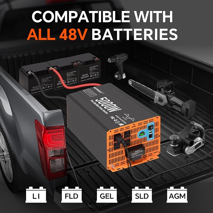 5000W Pure Sine Wave Inverter,48V DC to 120V AC Car Power Inverter 10000W Peak with 4 AC Outlets, 3.0A USB and Type-C, LCD Display 16.5 ft Remote Control for RV Truck Travel Solar Emergency
