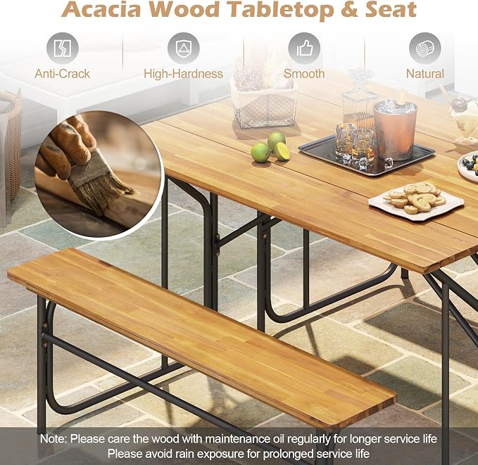 Tangkula Patio Dining Bench Set for 2, Heavy-Duty Outdoor Acacia Wood Dining Furniture with Metal Legs for Balcony, Backyard, Poolside, Garden (1,52” x 32” x 29.5”)