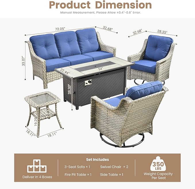 HOOOWOOO Patio Furniture Set,5 Pieces Wicker Outdoor Furniture,High Back Conversation Set with All Weather Resistant Fire Pit Table Couch Swivel Chairs,Navy Blue