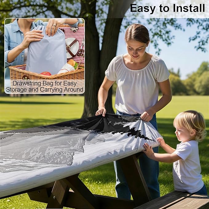 Picnic Table Cover with Bench Covers Camping Essentials Waterproof Windproof Camping Tablecloth with Drawstring Bag, Fitted Rectangle Tables and Seats, 72in, Black White Forest