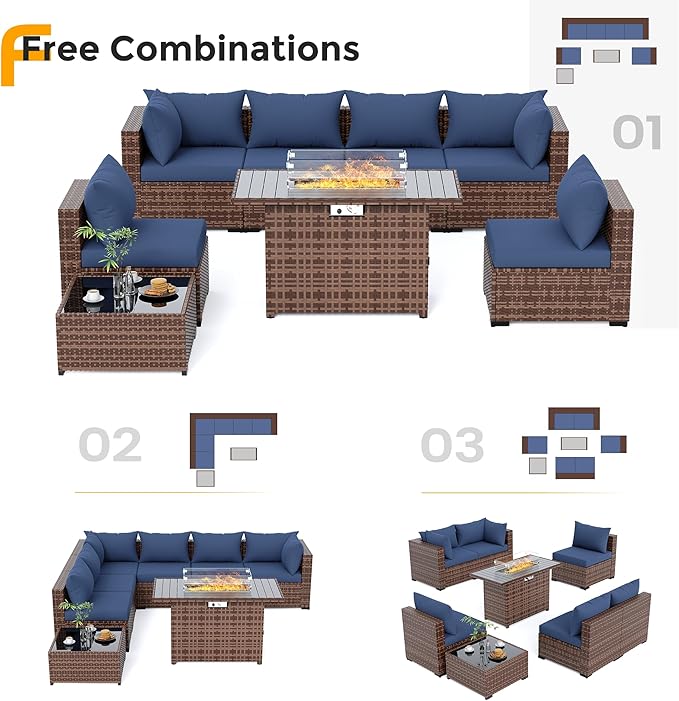 UDPATIO Furniture Set with Fire Pit Table, 8 Piece Sectional Sofas, All-Weather Wicker Conversation for Garden, Backyard, Navy Blue
