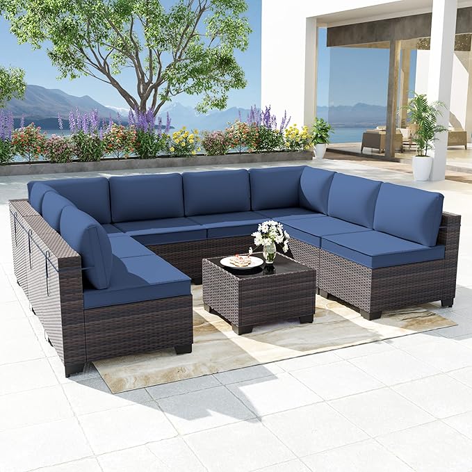 Patio Furniture Set 9pcs Outdoor Furniture for Backyard Sectional Sofa Set, Wicker Rattan Outdoor Conversation Set with 4 Inch Thickened Cushions and Coffee Table, Navy Blue