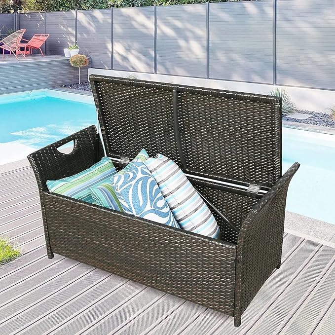 Generic Patio Wicker Storage Bench Outdoor Rattan Deck Storage Box with Red Cushion CI284