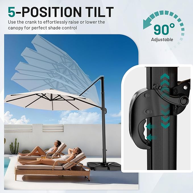 AreShark 11FT Round Cantilever Patio Umbrella with Base Included, 360° Rotation Offset Outdoor Umbrella, 5 Tilt Settings Heavy Duty Hanging Parasol for Deck Garden Pool, Cream White