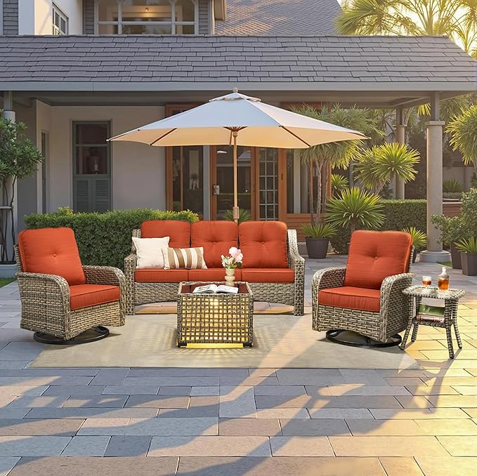Outdoor Patio Furniture Set, 5-Piece PE Wicker Sofa with Shiny Table and Swivel Chairs, Outdoor Conversation Set for Patio, Garden, Backyard Red
