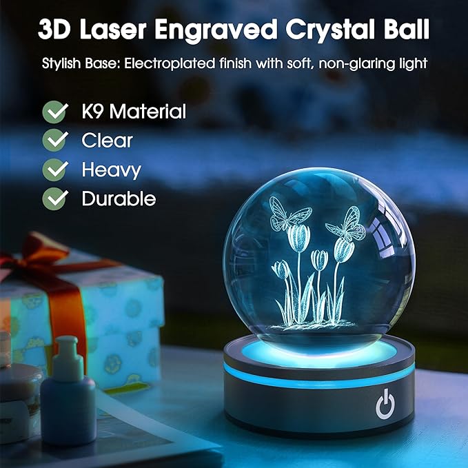 L LOHAS LED 3D Crystal Ball Night Light-Laser Engraved Floral with Silver Base, RGB 4-Color Changing Touch Control Decor Night Light,USB Plug-in & Battery Powered,as a Gift for Girls & Wife