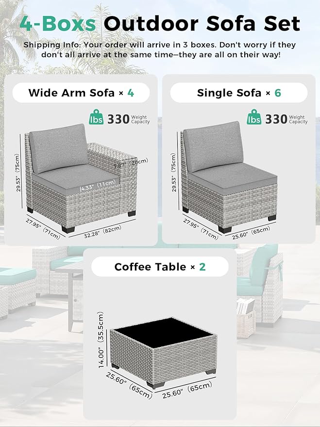 12 Piece Outdoor Wicker Rattan Sectional Sofa Set, 10-Seats Patio Furniture Conversation Set with 4" Thickened Cushions & Coffee Table, All-Weather PE Rattan for Garden, Backyard, Porch, Grey