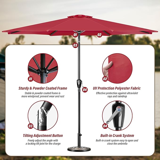 Simple Deluxe 9FT Outdoor Patio Umbrella Table Market Umbrella with Push Button Tilt and Crank and 50lbs Base Stand, for Garden, Lawn, Deck, Backyard, Pool, Red
