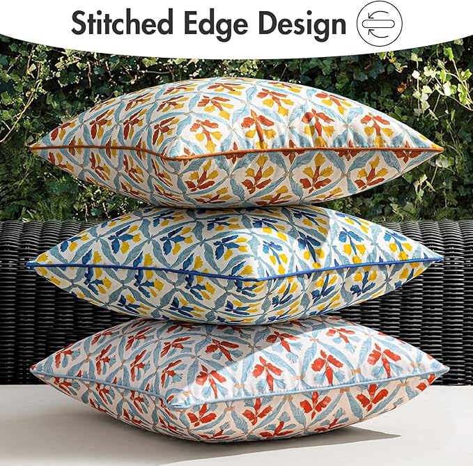 MIULEE Pack of 2 Decorative Outdoor Waterproof Throw Pillow Covers Flower Print Chic Boho Accent Pillow Covers for Square Garden Patio Cushion 18x18 Inch, Light Yellow Blue