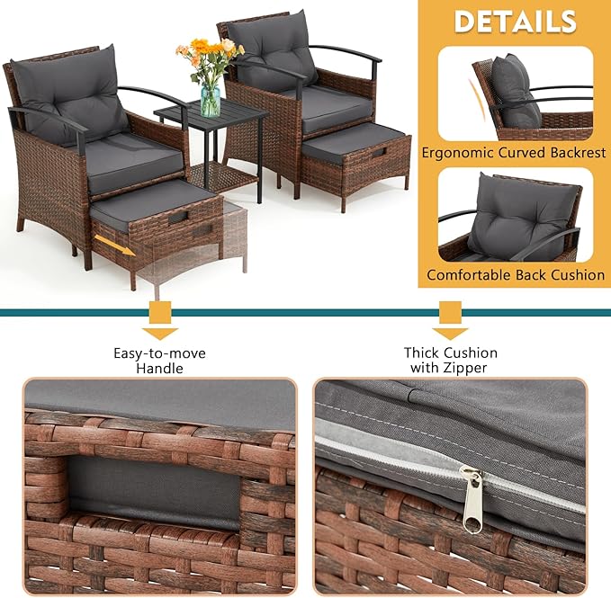 AVAWING 5 Pieces Wicker Patio Conversation Set, Outdoor Rattan Chairs with Ottoman, Metal Coffee Table, & Cushions, Outside Furniture Sets for Garden, Deck, Backyard, Poolside(Dark Grey)