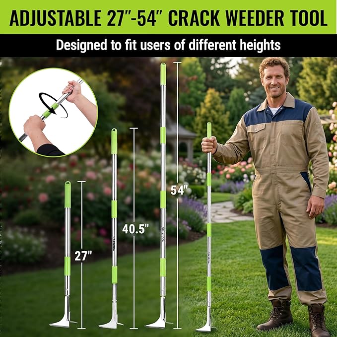 WORKPRO Crack Weeder, Stainless Steel Crevice Weeding Tool with Adjustable Long Handle(27"-54"), L-Shaped Weed Removal Scraper, for Garden Lawn Yard Patio Terrace Paving Garden Hand Tool