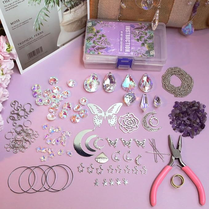 WASTROYAL 400pcs Suncatcher Kit, Crystal Prisms, DIY Hanging Window Decor | 8Set DIY Suncatcher Kit, Crystal Prisms Hanging for Window/Garden, Butterfly Rainbow Decor, Adults Art Crafts Gift with Guide