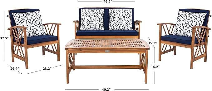 SAFAVIEH Outdoor Collection Fontana Natural/ Navy Blue Cushions/ Geometric Pattern Pillows 4-Piece Conversation Patio Set