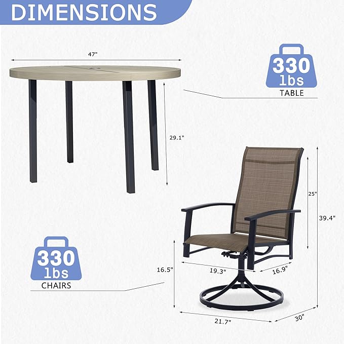 7 Piece Outdoor Patio Dining Set for 6, 47" Honey Oak Round Metal Table with 6 Mocha Swivel Chairs, All-Weather Outdoor Furniture Set for Backyard, Lawn, Deck, or Poolside