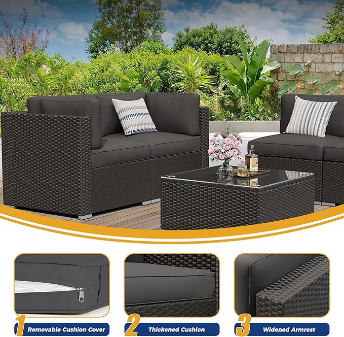 7 Pieces Outdoor Patio Furniture Set, Black Brown Wicker Patio Sectional Sofa Set, Outdoor Couch with Cushion and Tempered Glass Table, Grey