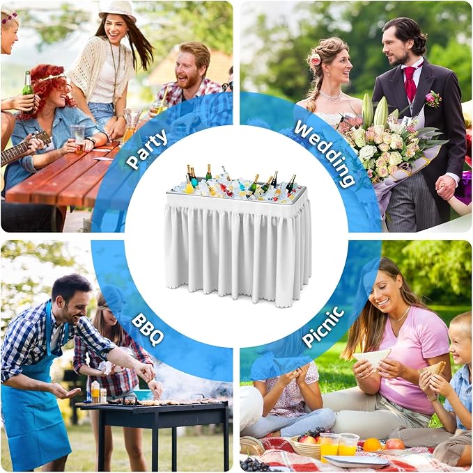 Folding Ice Cooler Table, Skirt &Drain Hose Plastic Chill Table to Keep Drinks Cool, Portable Foldable Self-Serving Beverage Cooling Bar for Parties, Picnics, Barbecues, Fishing(White