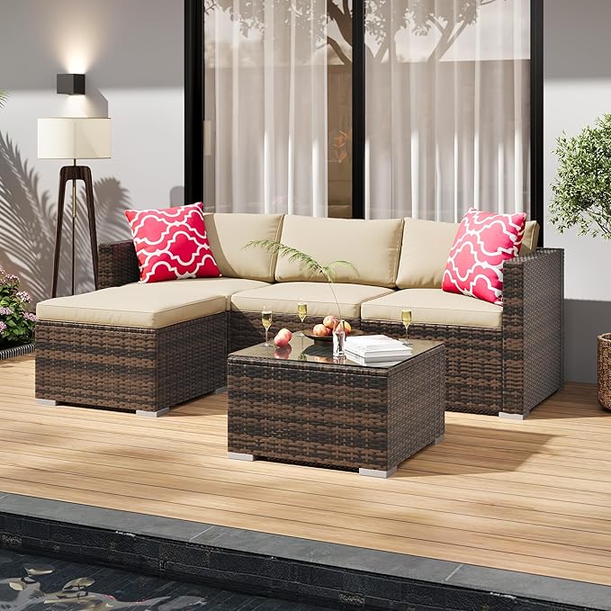 5-Piece Outdoor Sectional Sofa Set, All-Weather PE Rattan Patio Furniture with Ottoman & Tempered Glass Table, Convertible Garden Couch for Backyard, Porch, Poolside (Brown/Khaki)