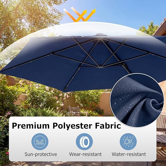 Tangkula 10ft Patio Umbrella with Solar Lights, Offset Cantilever Outdoor Umbrella with LED Lights, 360 Degree Rotation, Air Vent for Pool Deck Garden Backyard (Navy)