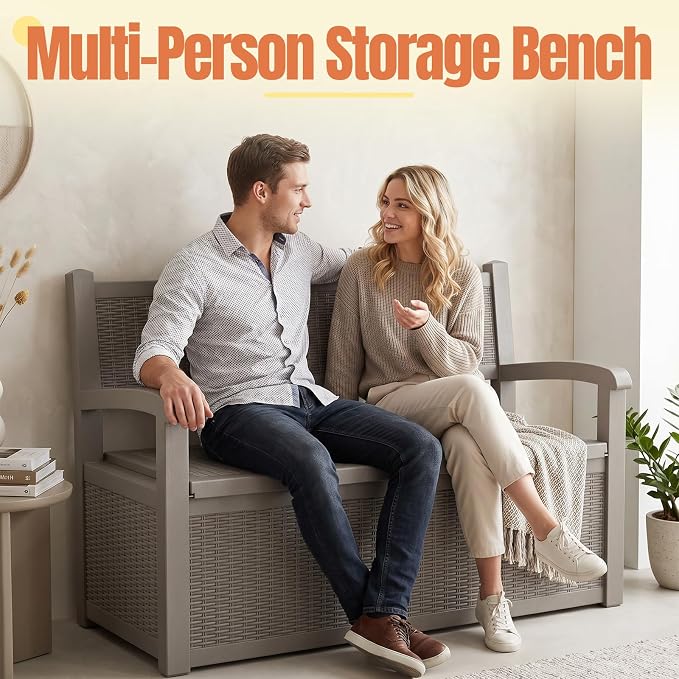Storage Bench Outdoor Deck Box,100 Gallon Waterproof & UV Resistant Lockable Patio Furniture Seating.Indoor/Outdoor Shoe Storage Cabinet for Garden Cushions,Tools,Patio,Pool Supplies