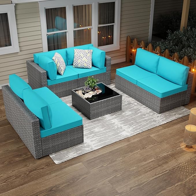 JAMFLY 7-Piece Outdoor Patio Furniture Set, Modular PE Rattan Sectional Sofa with Thick Cushions & Glass Coffee Table, Weather-Resistant Wicker Conversation Set for Poolside, Balcony, Garden, Blue
