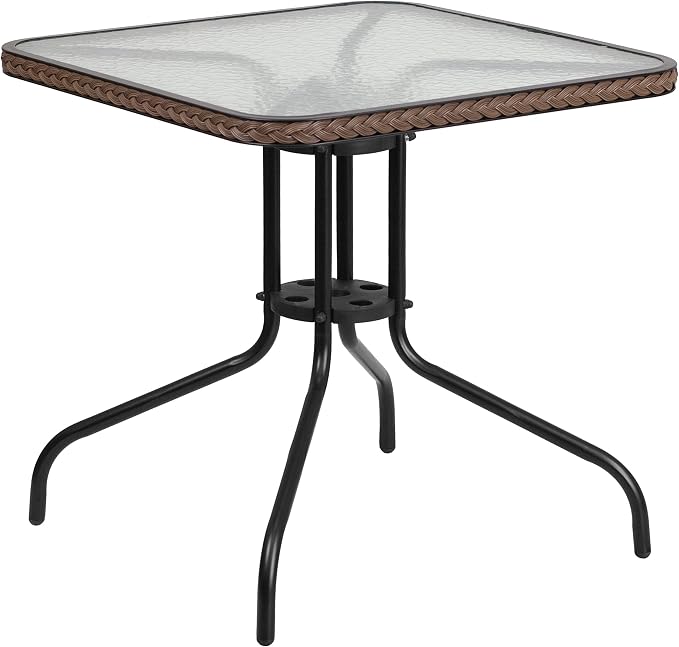 EMMA + OLIVER 28" Square Tempered Glass Metal Table with Dark Brown Rattan Edge