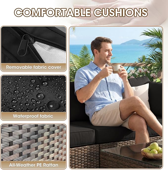 Grezone Patio Furniture Set 7 Piece Outdoor Wicker Sectional Sofa - All Weather High Backrest PE Rattan Couch Conversation Set with Cushion & Glass Top Table for Backyard Deck Porch Black